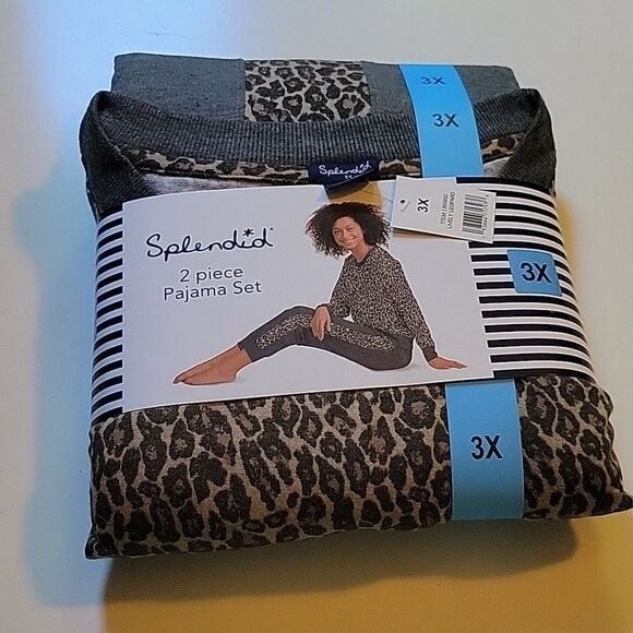 NEW SPLENDID 3X SOFT COZY PAJAMAS TAN GRAY NEUTRAL LEOPARD LOUNGE PJ SET NWT - Picture 1 of 4